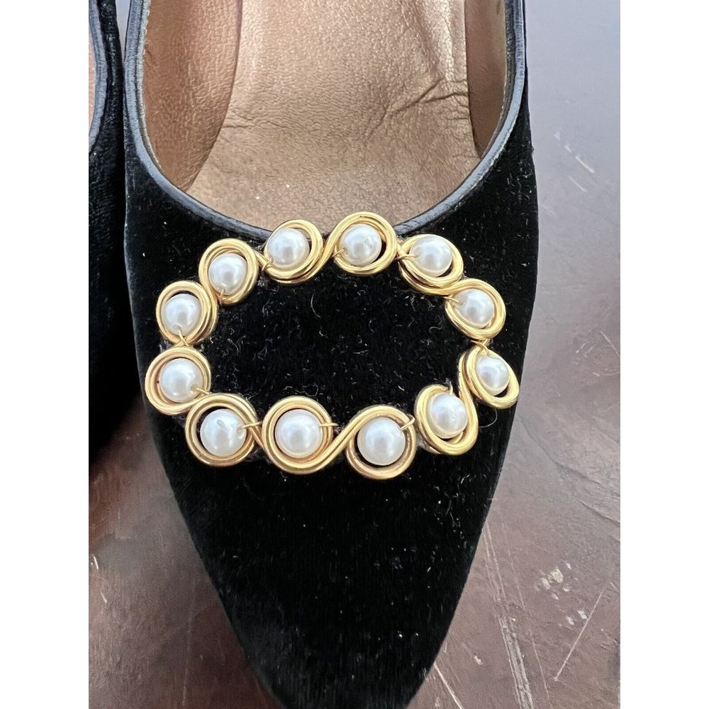 VTG Bruno Magli 90s Black Velvet Pumps Gold Heels Classic Italy Sz 8 - Picture 3 of 12